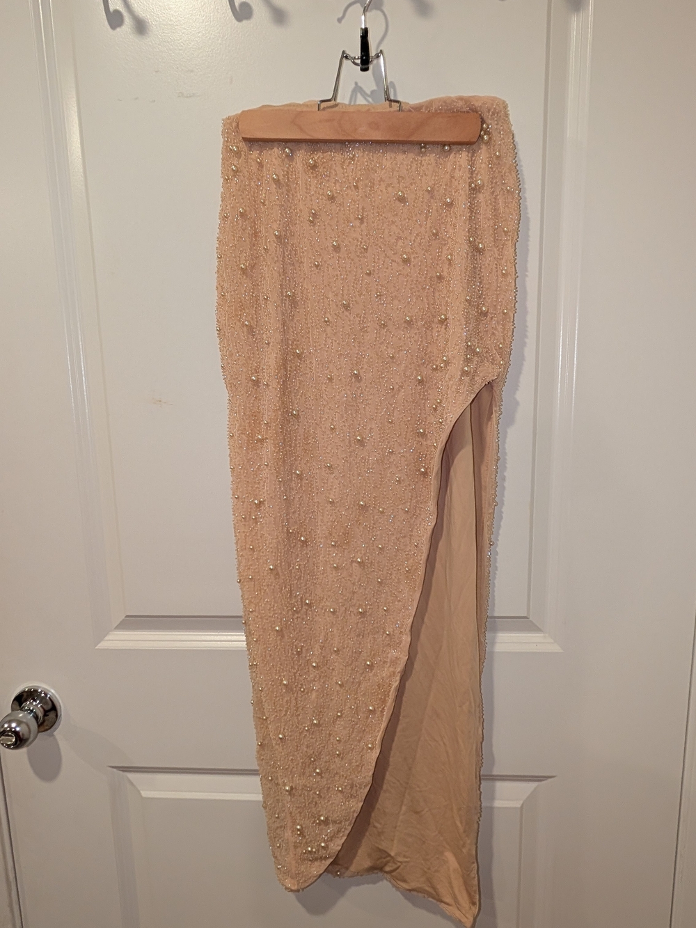 Oh Polly Peach Pearl-Embellished High-Low Skirt